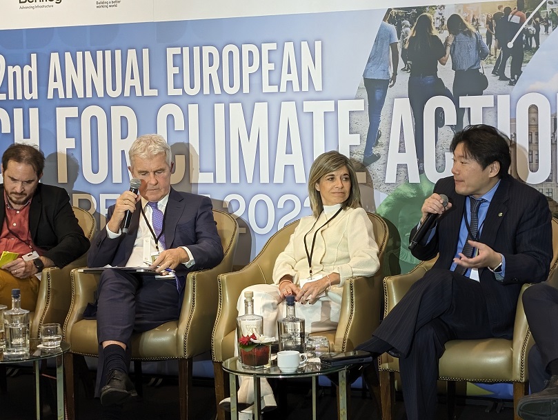 Fujitsu’s Ichiro Aoyagi (far right) speaking at the EU Tech for Climate Action Conference, in Brussels, Nov 2023.
