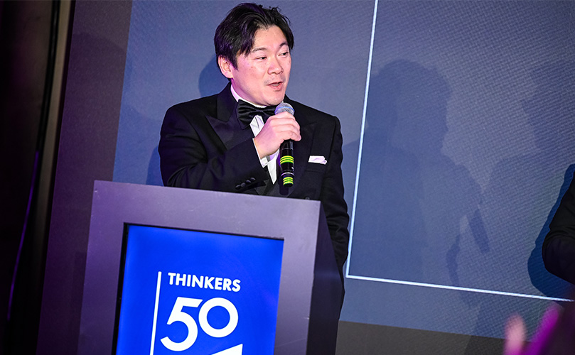 Fujitsu SVP Ichiro Aoyagi speaks at the Innovation Award presentation at the Thinkers50 Awards Gala in London