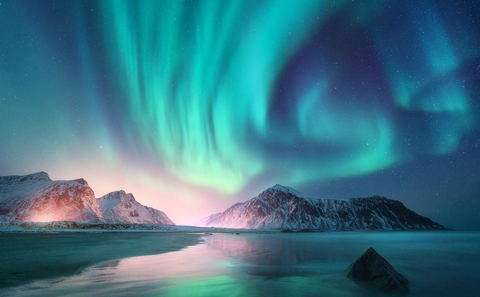 Photographs of the Northern Lights and winter mountains