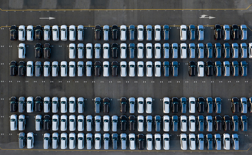 Aerial view of a line of cars