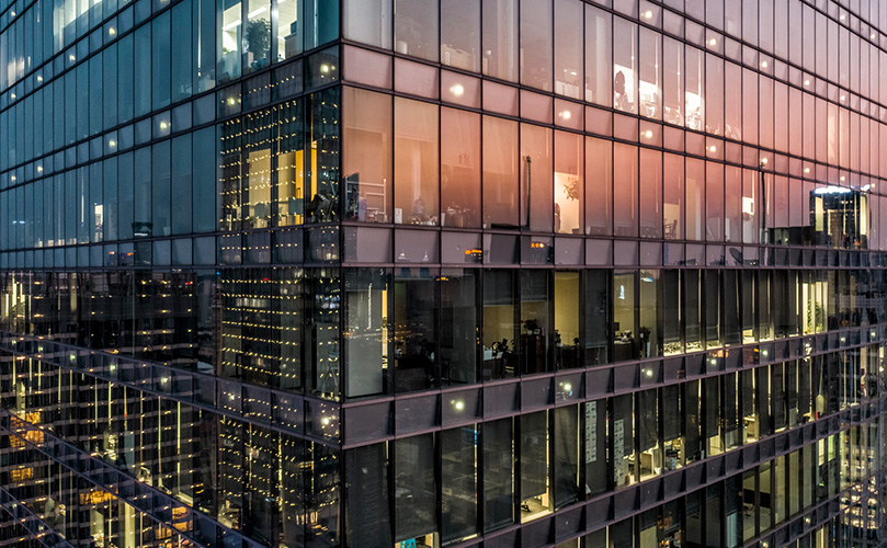 Crowded Office Buildings at Twilight