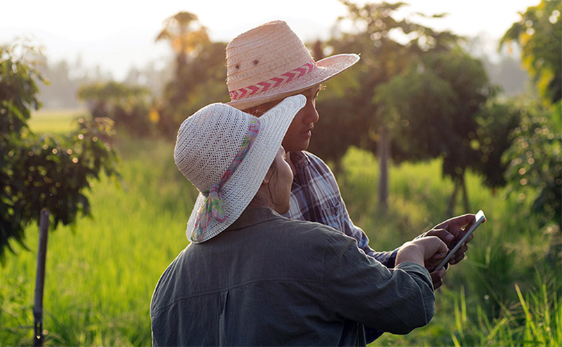 Image of two people using a tablet in nature