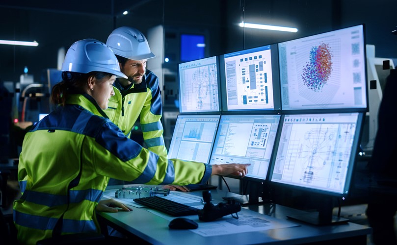 Two Engineers visualizing processes and data on monitors